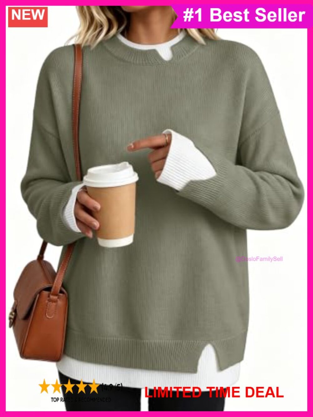 Womens Crew Neck Pullover Sweater Patchwork Ribbed Knit Loose Fit